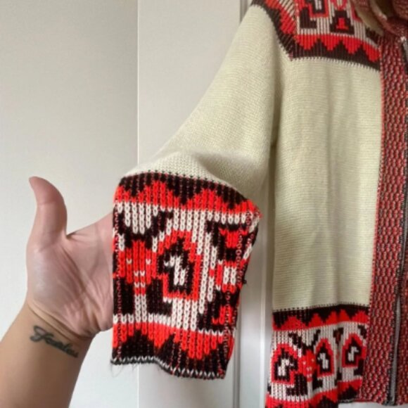 60s-70s Psychedelic Ladybug Knit Hooded Zip Sweater - Picture 1 of 5